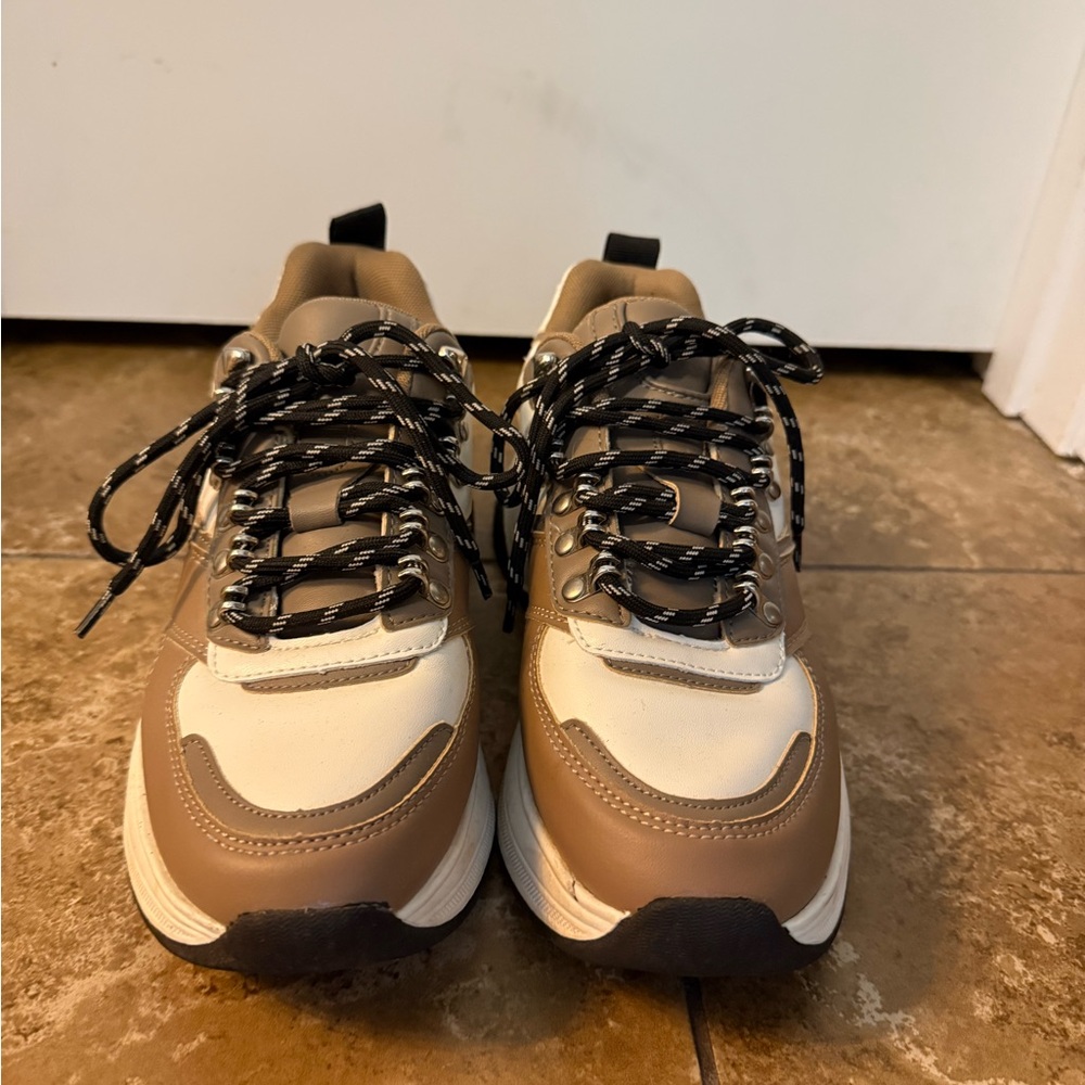 Zara Tan and White Sneakers with Black Cord Laces